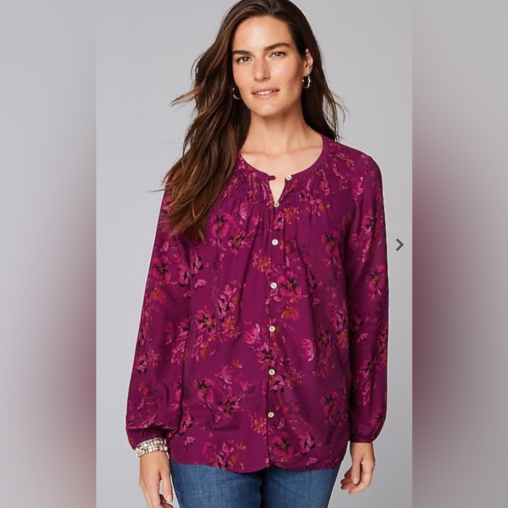 J Jill Floral Pleated-Neck Top in light rum raisin luminous floral
